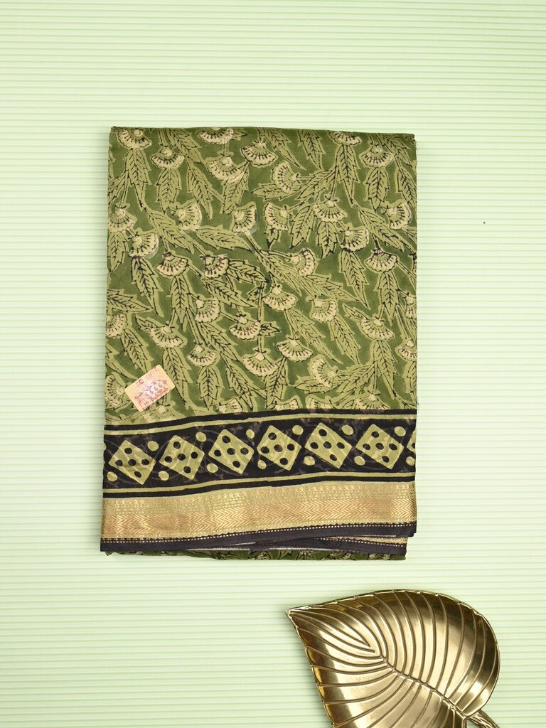 Maheshwari fancy saree olive green color allover prints & zari border with printed pallu and printed blouse