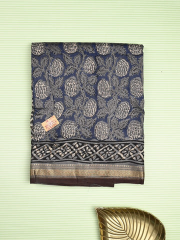 Maheshwari fancy saree navy blue color allover prints & zari border with printed pallu and printed blouse