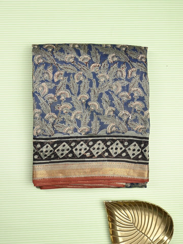 Maheshwari fancy saree navy blue color allover prints & zari border with printed pallu and printed blouse