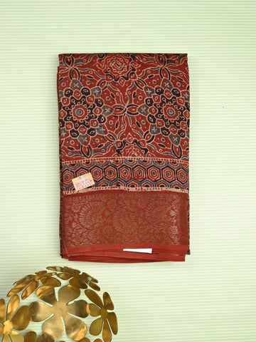 Maheshwari fancy saree maroon color allover prints & zari border with printed pallu and printed blouse