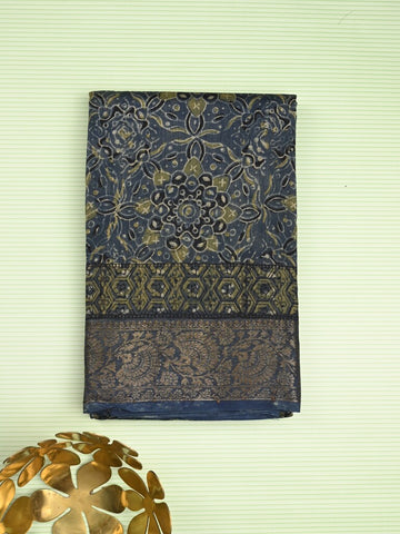 Maheshwari fancy saree navy blue color allover prints & zari border with printed pallu and printed blouse