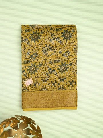 Maheshwari fancy saree mustard yellow color allover prints & zari border with printed pallu and printed blouse