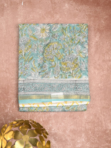 Kota fancy saree pastel blue color allover prints & small zari border with printed pallu and printed blouse
