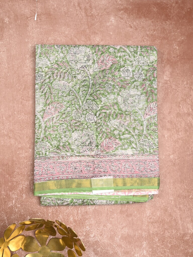 Kota fancy saree light green color allover prints & small zari border with printed pallu and printed blouse