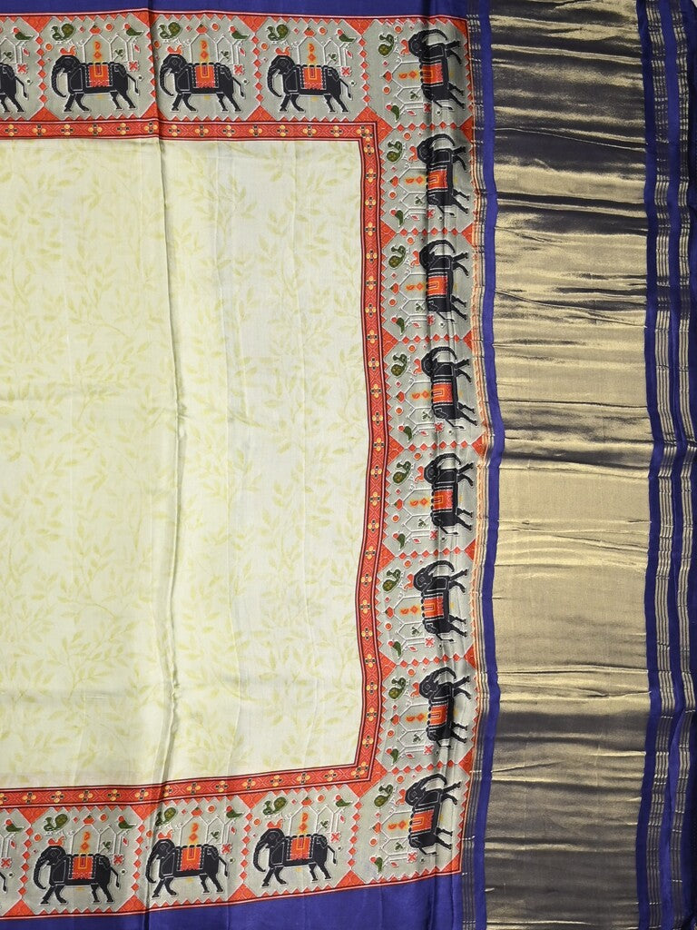 Mashroo silk fancy saree half white color allover prints & contrast border with short zari pallu and printed blouse