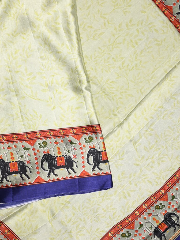 Mashroo silk fancy saree half white color allover prints & contrast border with short zari pallu and printed blouse