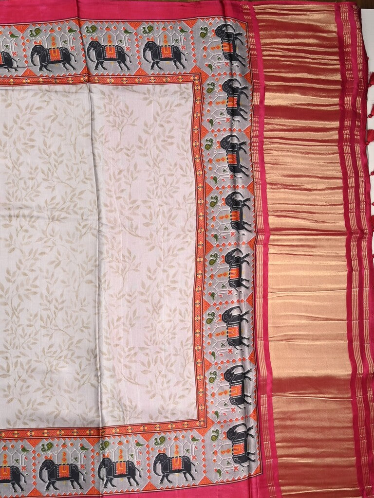 Mashroo silk fancy saree light grey color allover prints & contrast border with short zari pallu and printed blouse