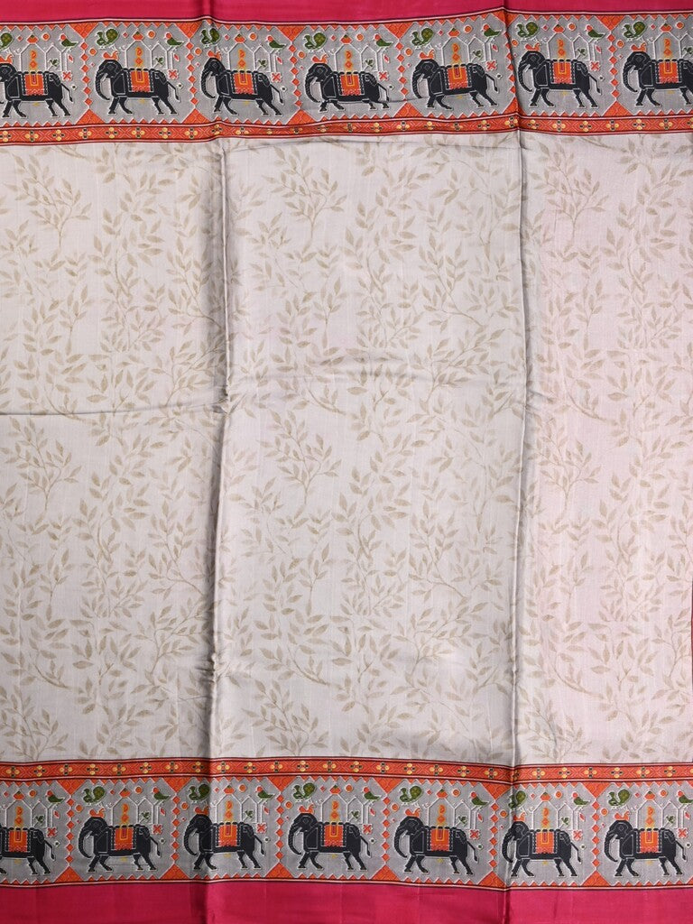 Mashroo silk fancy saree light grey color allover prints & contrast border with short zari pallu and printed blouse