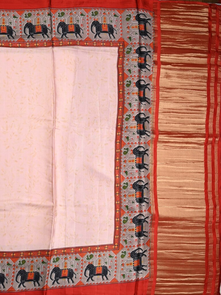 Mashroo silk fancy saree light baby pink color allover prints & contrast border with short zari pallu and printed blouse