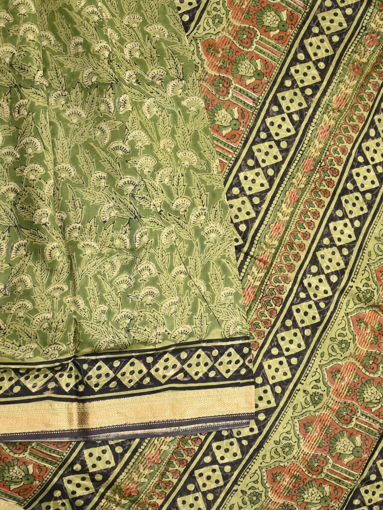 Maheshwari fancy saree olive green color allover prints & zari border with printed pallu and printed blouse