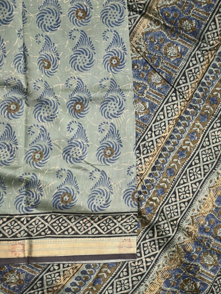 Maheshwari fancy saree grey color allover prints & zari border with printed pallu and printed blouse