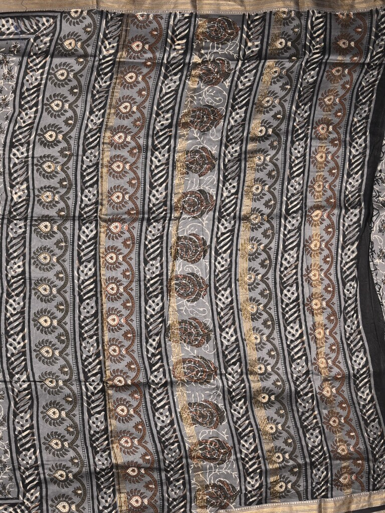 Maheshwari fancy saree grey color allover prints & zari border with printed pallu and printed blouse