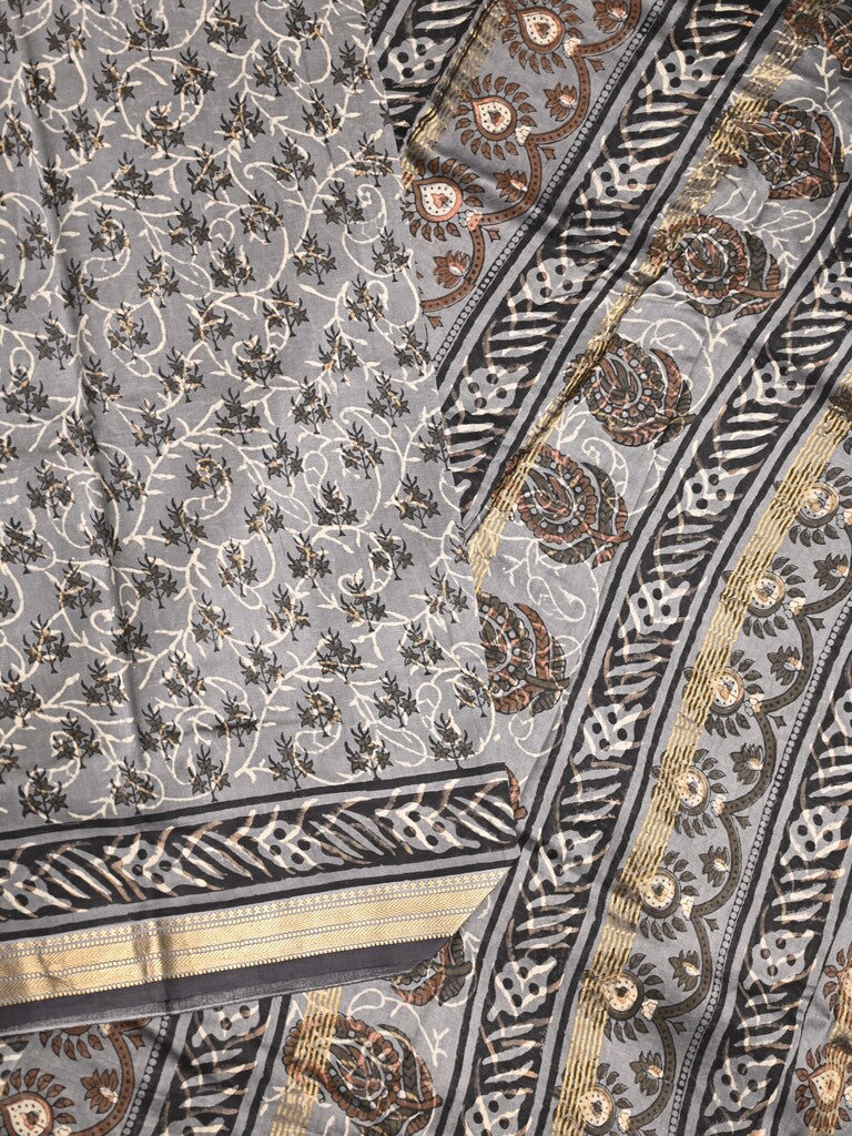 Maheshwari fancy saree grey color allover prints & zari border with printed pallu and printed blouse