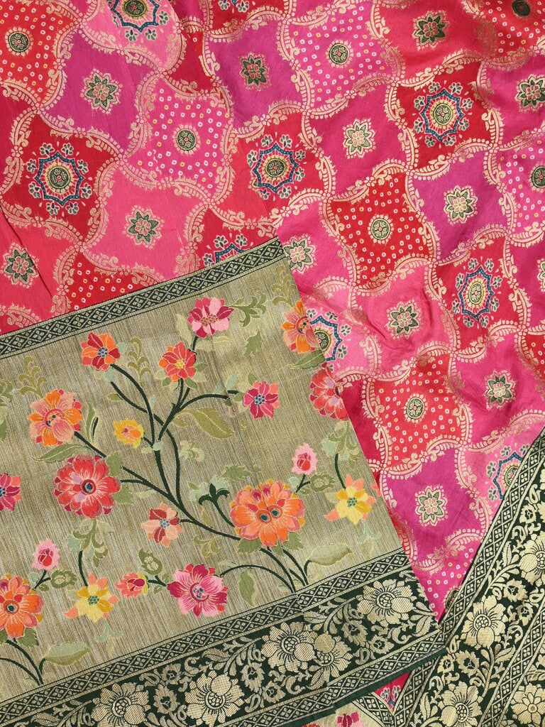 Dola silk fancy saree pink color allover weaves & zari border with rich pallu and attached plain blouse