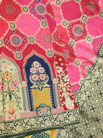 Dola silk fancy saree pink color allover weaves & zari border with rich pallu and attached plain blouse