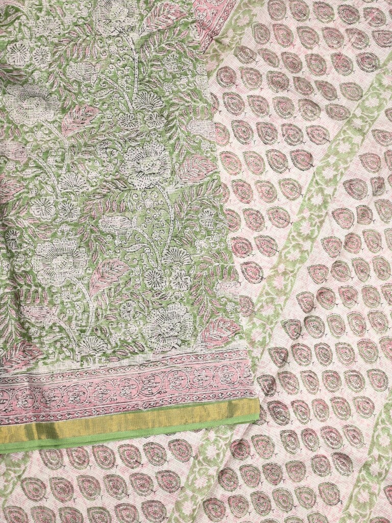 Kota fancy saree light green color allover prints & small zari border with printed pallu and printed blouse