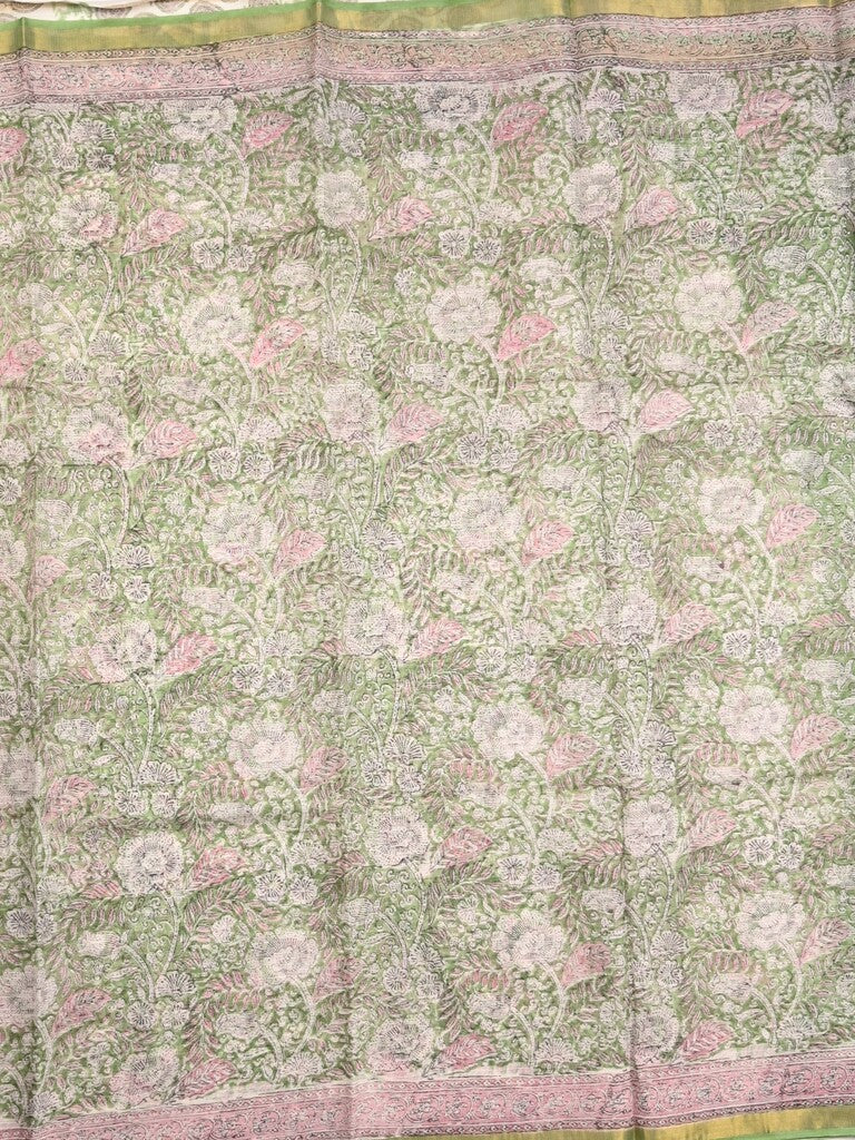 Kota fancy saree light green color allover prints & small zari border with printed pallu and printed blouse