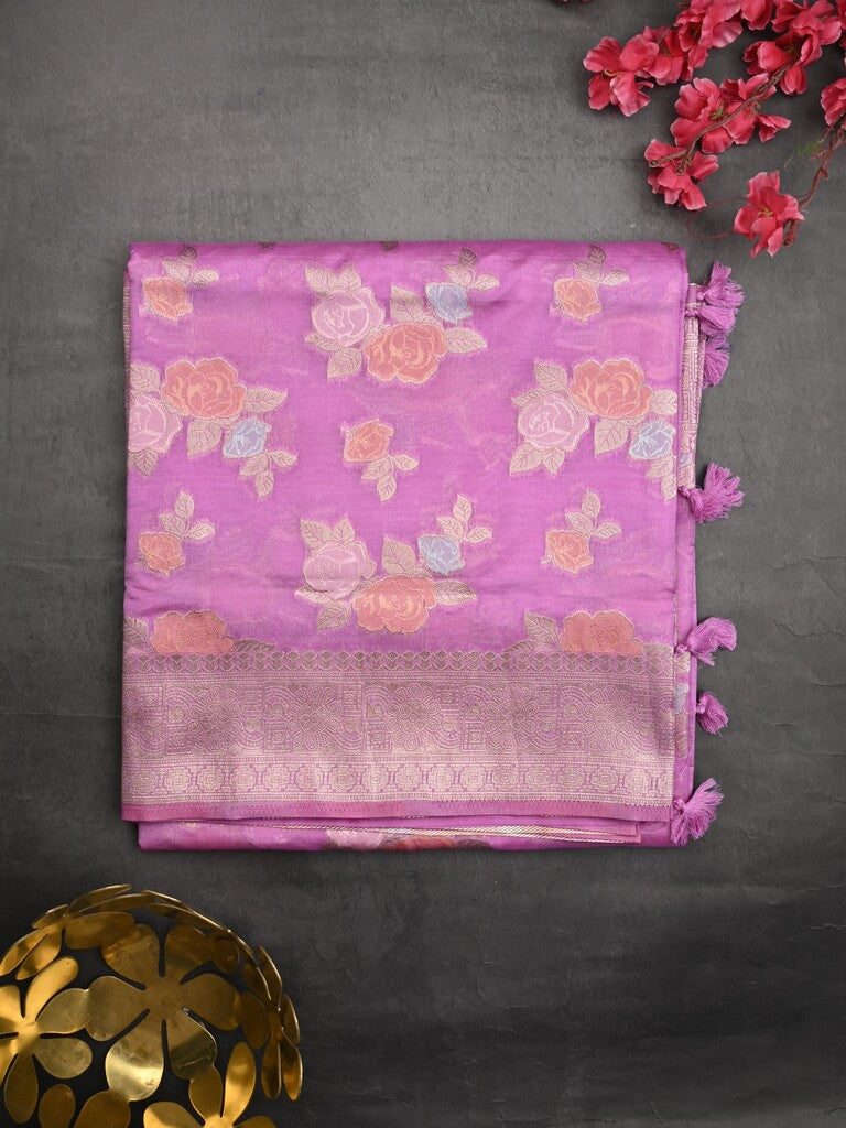 Dupion fancy saree purple color allover weaves & zari border with zari pallu and plain self blouse
