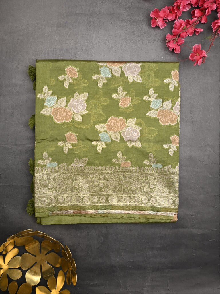 Dupion fancy saree olive green color allover weaves & zari border with zari pallu and plain self blouse