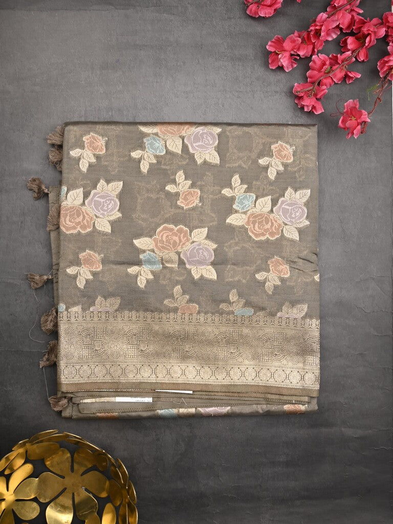 Dupion fancy saree grey color allover weaves & zari border with zari pallu and plain self blouse