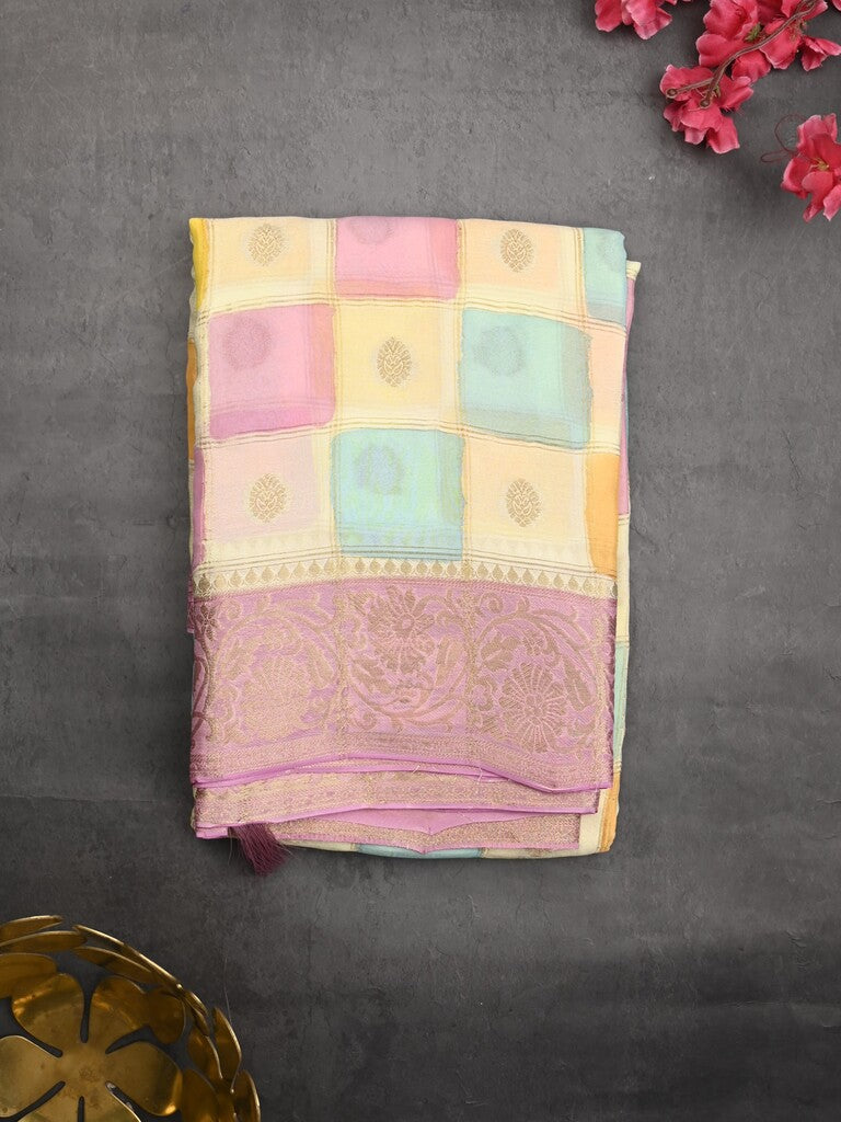 Georgette fancy saree multi color allover checks, motifs & zari border with short pallu and contrast blouse