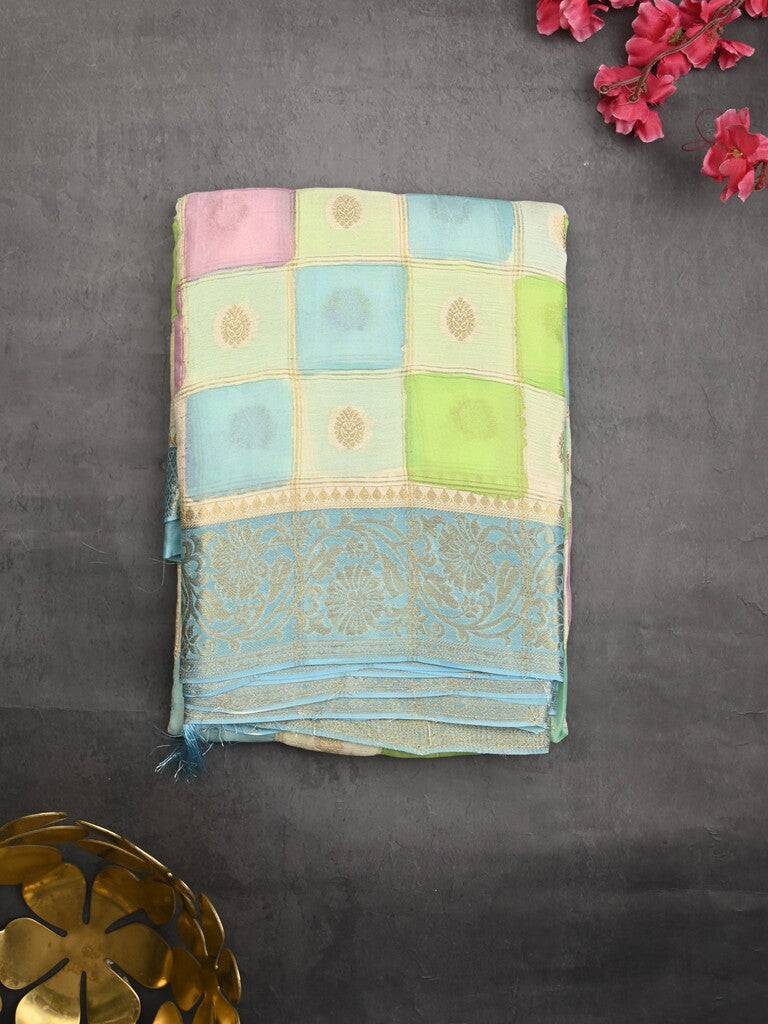 Georgette fancy saree multi color allover checks, motifs & zari border with short pallu and contrast blouse