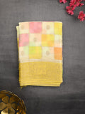 Georgette fancy saree multi color allover checks, motifs & zari border with short pallu and contrast blouse