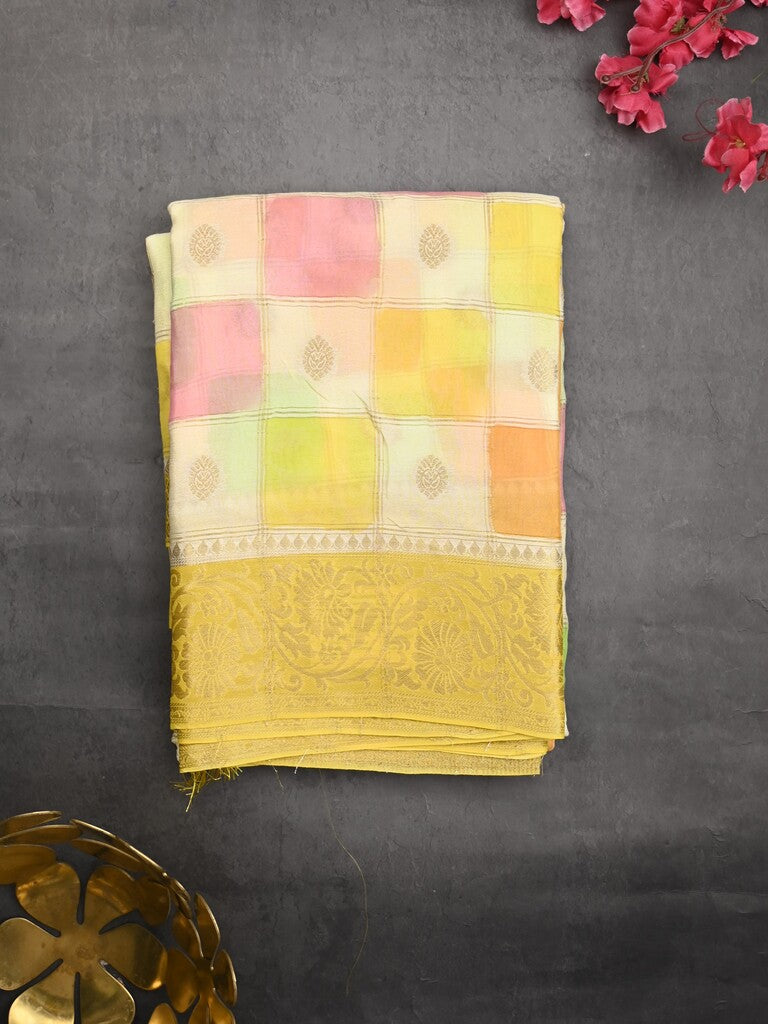 Georgette fancy saree multi color allover checks, motifs & zari border with short pallu and contrast blouse