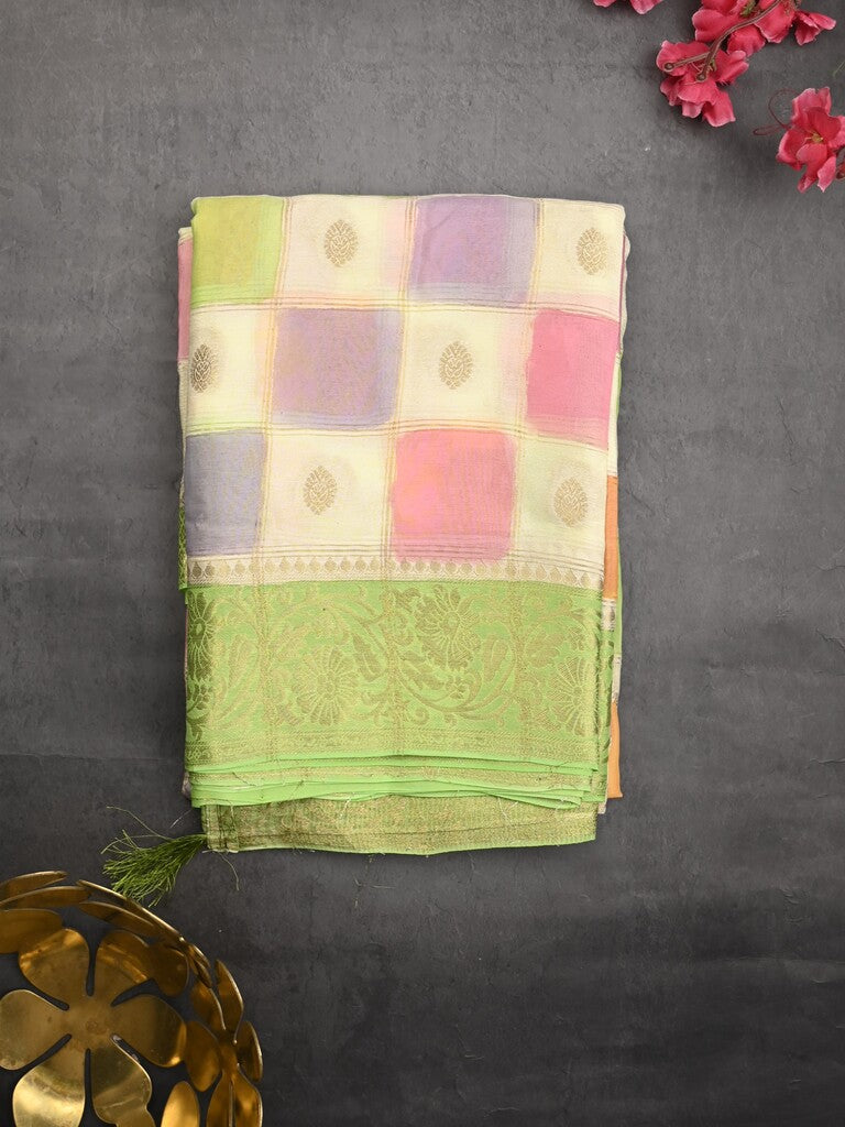 Georgette fancy saree multi color allover checks, motifs & zari border with short pallu and contrast blouse