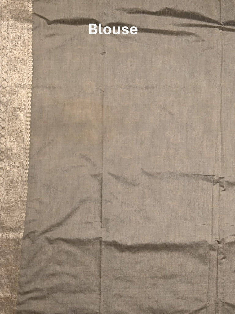Dupion fancy saree grey color allover weaves & zari border with zari pallu and plain self blouse