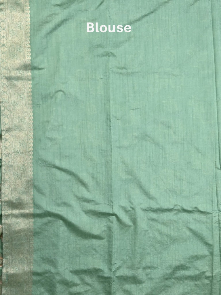 Dupion fancy saree lux green color allover weaves & zari border with zari pallu and plain self blouse