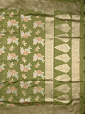 Dupion fancy saree olive green color allover weaves & zari border with zari pallu and plain self blouse