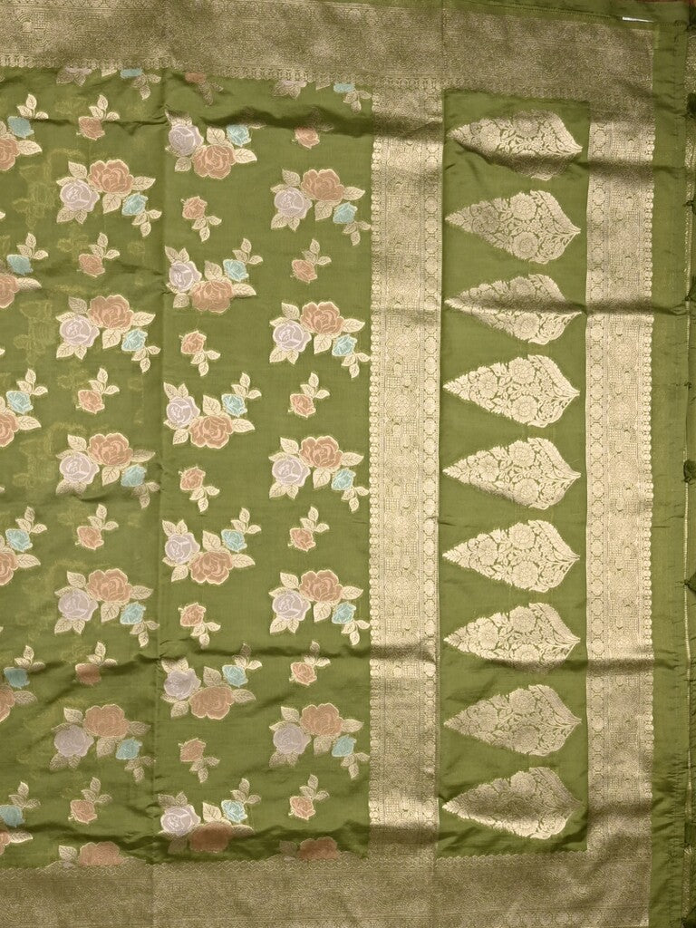 Dupion fancy saree olive green color allover weaves & zari border with zari pallu and plain self blouse