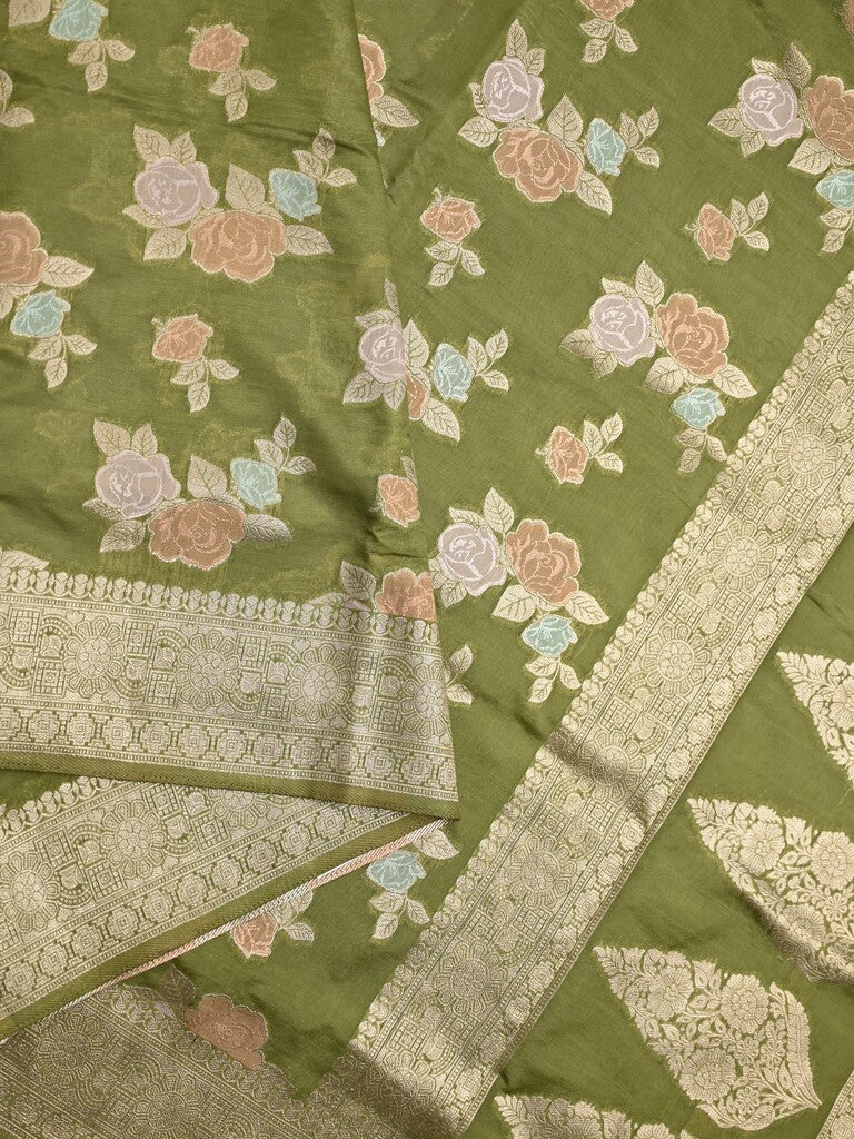 Dupion fancy saree olive green color allover weaves & zari border with zari pallu and plain self blouse