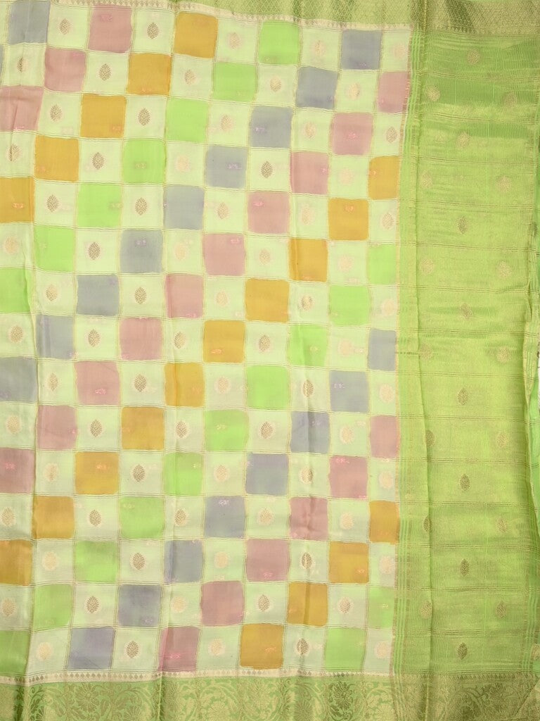 Georgette fancy saree multi color allover checks, motifs & zari border with short pallu and contrast blouse