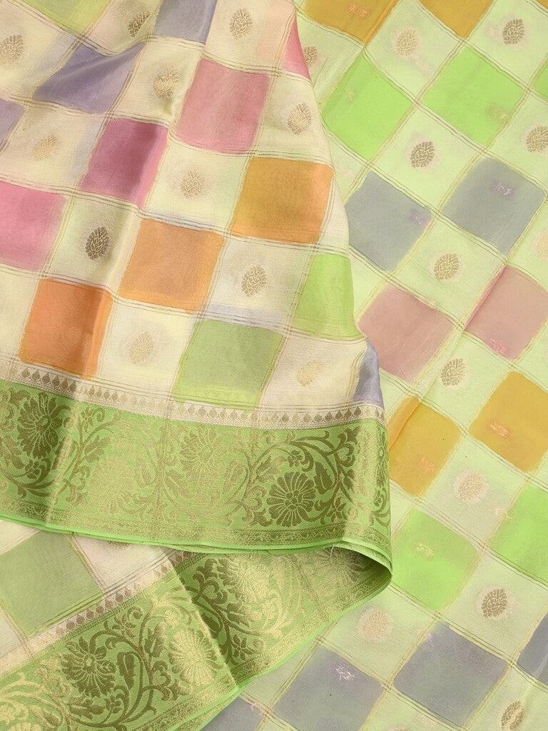 Georgette fancy saree multi color allover checks, motifs & zari border with short pallu and contrast blouse