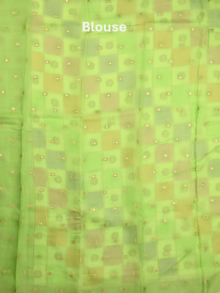 Georgette fancy saree multi color allover checks, motifs & zari border with short pallu and contrast blouse