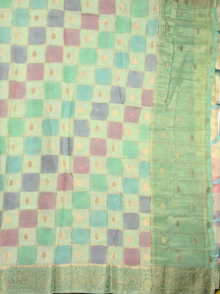 Georgette fancy saree multi color allover checks, motifs & zari border with short pallu and contrast blouse
