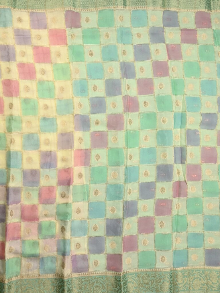 Georgette fancy saree multi color allover checks, motifs & zari border with short pallu and contrast blouse