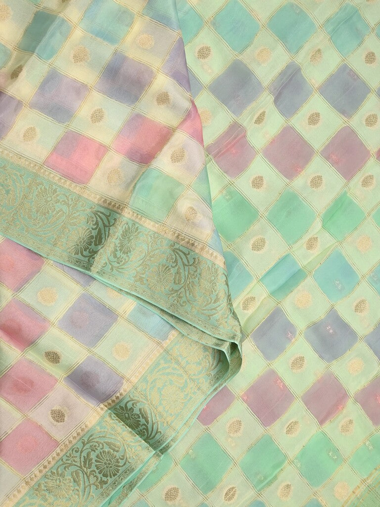 Georgette fancy saree multi color allover checks, motifs & zari border with short pallu and contrast blouse