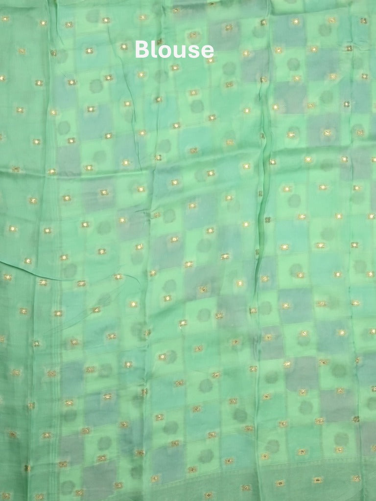 Georgette fancy saree multi color allover checks, motifs & zari border with short pallu and contrast blouse