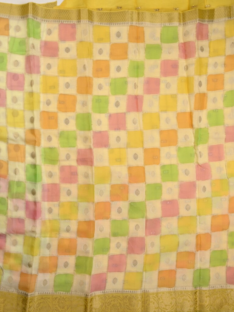 Georgette fancy saree multi color allover checks, motifs & zari border with short pallu and contrast blouse