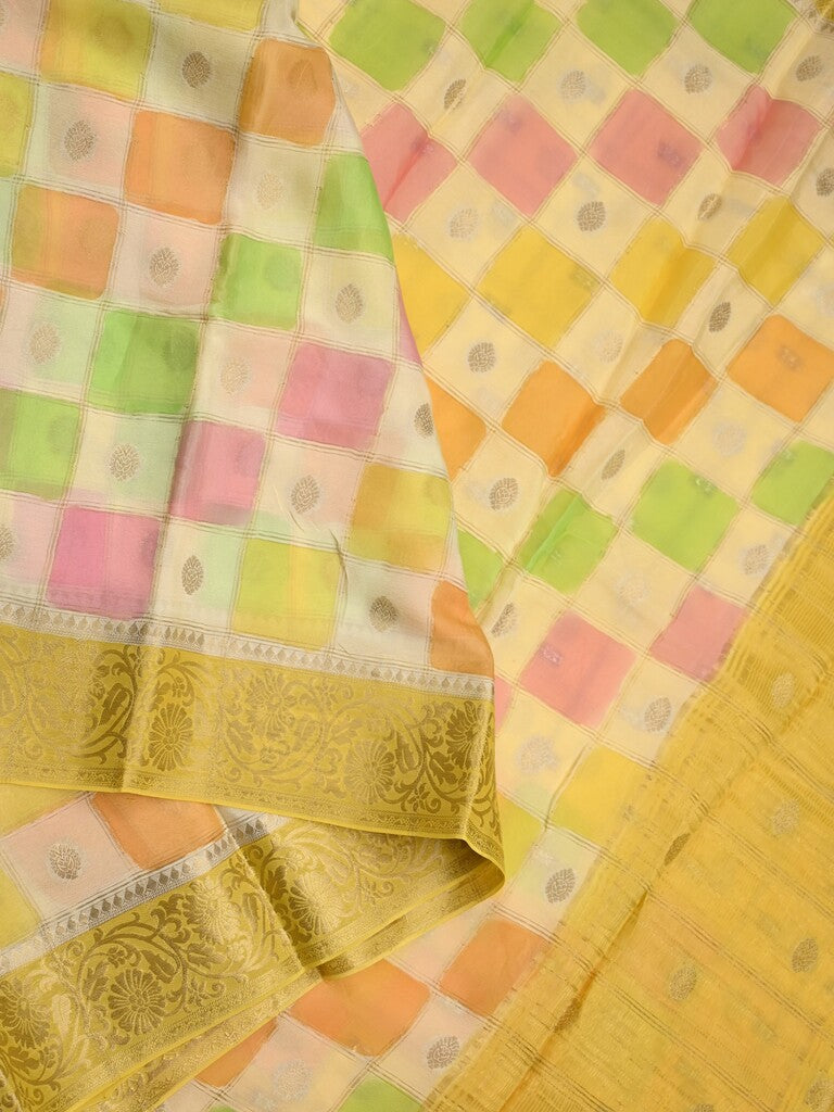 Georgette fancy saree multi color allover checks, motifs & zari border with short pallu and contrast blouse
