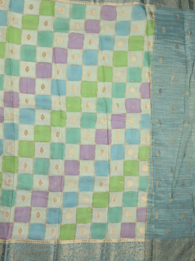 Georgette fancy saree multi color allover checks, motifs & zari border with short pallu and contrast blouse