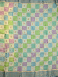 Georgette fancy saree multi color allover checks, motifs & zari border with short pallu and contrast blouse