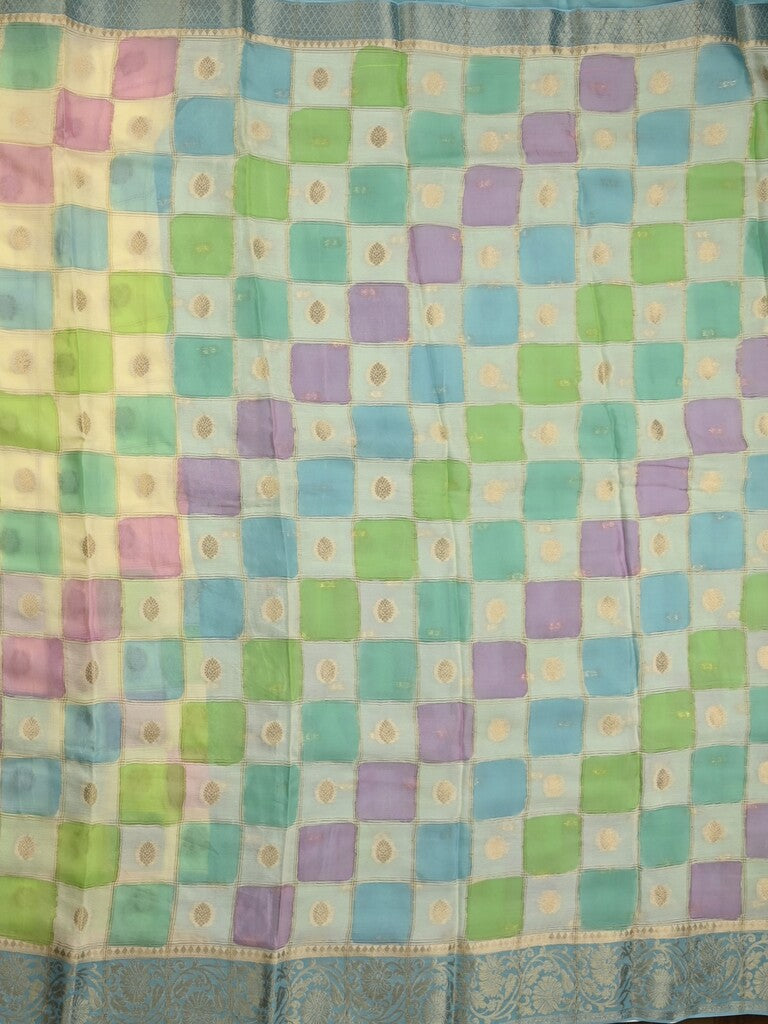 Georgette fancy saree multi color allover checks, motifs & zari border with short pallu and contrast blouse