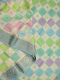Georgette fancy saree multi color allover checks, motifs & zari border with short pallu and contrast blouse