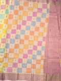 Georgette fancy saree multi color allover checks, motifs & zari border with short pallu and contrast blouse