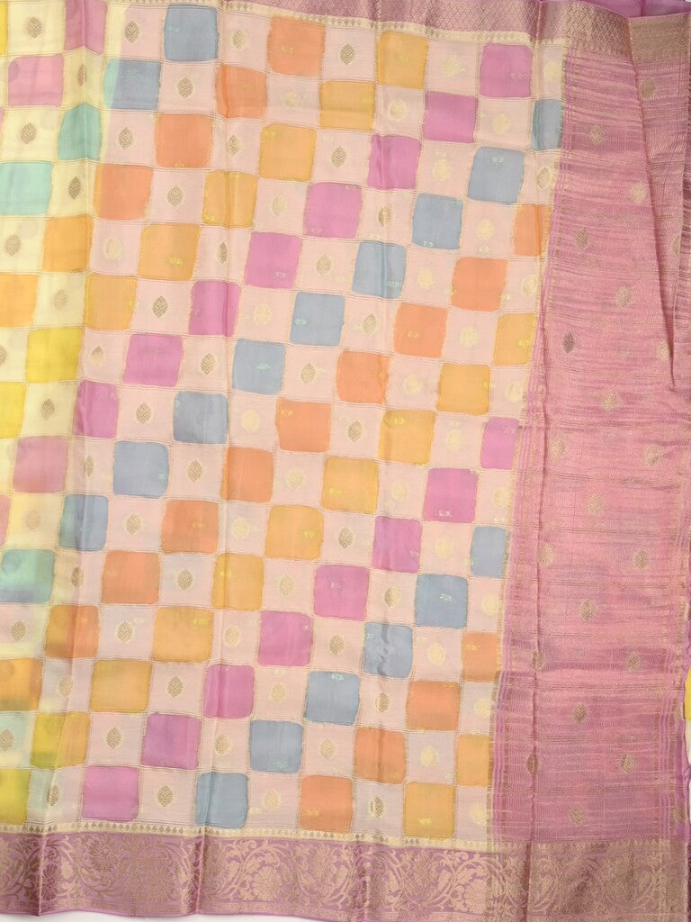 Georgette fancy saree multi color allover checks, motifs & zari border with short pallu and contrast blouse