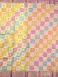 Georgette fancy saree multi color allover checks, motifs & zari border with short pallu and contrast blouse